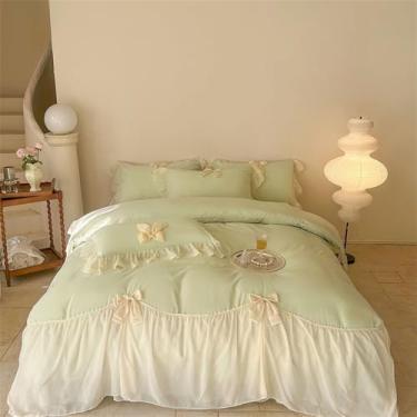 Imagem de XLCZMYL Conjuntos de cama estilo princesa com babados e laço de renda capa de edredom romântica para decoração de cama de casamento feminino e meninas, verde, Queen 200 x 230 4 peças