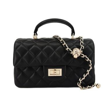 Imagem de Bolsa tiracolo acolchoada pequena para mulheres, bolsa de ombro de couro genuíno com alça de corrente dourada, mini bolsa macia com aba superior, Preta (alça destacável), Clássica, luxuosa, feminina