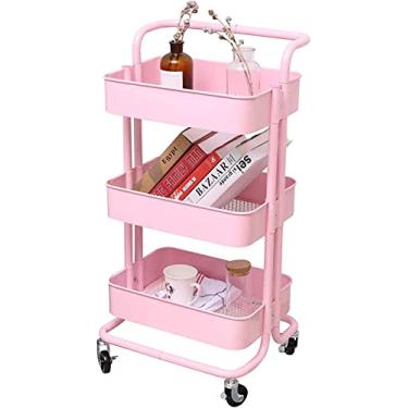 Imagem de Carrinho de rodinhas de 3 níveis, organizador de armazenamento rosa cosmético com rodas bloqueáveis para quarto, rosa