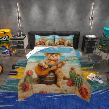 Imagem de Erosebridal Conjunto de edredom de gato fofo, solteiro, verão, oceano, praia, guitarra, música, quarto, cacto, desenho animado, animais de estimação, edredom