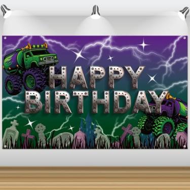 Imagem de Decorações Festa Aniversário Caminhão, 180x110cm Roxo e Verde Painel Happy Birthday Banner Fotográfico Lápide Carro para Cabine Fotos Suprimentos Festa