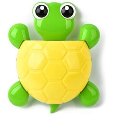 Imagem de Suporte de escova de dentes em forma de tartaruga (montado na parede com ventosas fortes) + organizador de dispensador de pasta de dente multifuncional, cabide de banheiro verde criativo para uso no