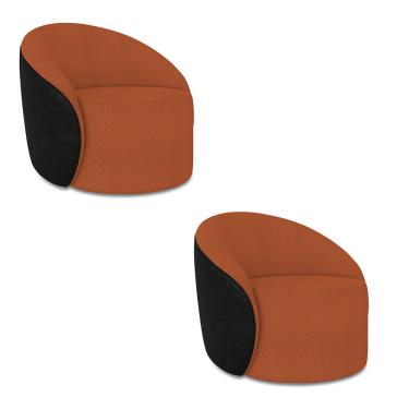 Imagem de Poltrona Sala Orgânica Kit 2 Lua Giratória Sintético PU Preto/Bouclê Terra D03 - D'Rossi
