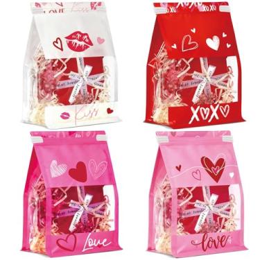 Imagem de Pajean Pacote com 28 sacos de presente de dia dos namorados com trava de lata, sacos de plástico para doces de dia dos namorados, vermelho, rosa, em forma de coração, bolsa de presente para biscoitos