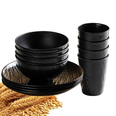 Imagem de Unbreakable Wheats Conjunto de utensílios de jantar com canudo, 12 peças, conjunto de louça de plástico para 4 pratos e tigelas, conjunto de pratos de plástico seguro para micro-ondas (preto)