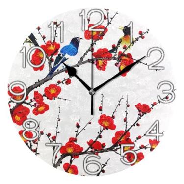 Imagem de GAIGEO Relógio de parede decorativo analógico funky alimentado por bateria relógio de sala de aula, decoração de parede de casa de fazenda moderna, arte colorida pássaro floral flor, 25 cm, ponteiros