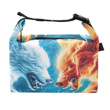 Imagem de TSENQUE Lancheira feminina Fire Wolves Fight Flames Lancheira portátil lancheira para trabalho rosa divertida bolsa térmica isolada para trabalho