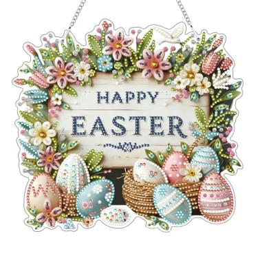 Imagem de IASINN Happy Easter Flowers Eggs Diamond Painting Pendant 5D Diamond Art Painting Kits para adultos iniciantes, forma especial cristal diamante artesanato ornamento pendurado sinal para janela de