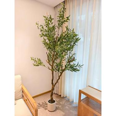 Imagem de Oliveira artificial de 2 metros com folhas realistas, gotas de orvalho e azeitonas, árvore falsa de design completo e grande com base resistente para decoração de escritório interno e externo (com