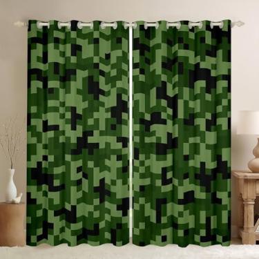 Imagem de Cortina de janela camuflada verde, camuflagem verde exército, cortinas para decoração de sala de estar, para crianças, meninos, adolescentes, grade geométrica, patchwork, tratamento de janela, macio