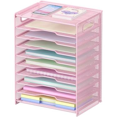 Imagem de OUTWOLF Organizador de papel de 10 camadas – Organizador de arquivos de mesa de malha com alças para escritório e escola, rosa