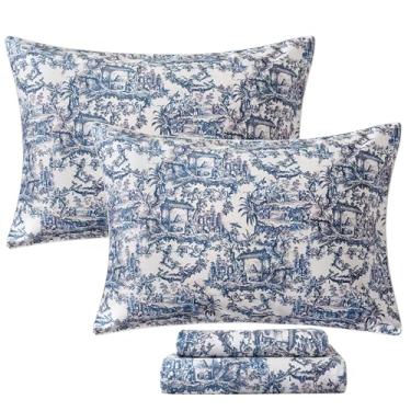 Imagem de FADFAY Jogo de lençol Queen Blue Toile com estampa de casa de fazenda, vintage, exótica, cênica, chinoiserie, floral, 100% algodão egípcio, macio, respirável, lençol com elástico alto, 4 peças