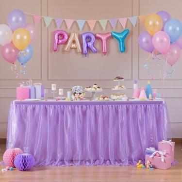 Imagem de Saia de mesa roxa de tule retangular, saias de mesa lilás lavanda de 1,8 m, para professores, sala de aula, dormitório, cortina, tecido, babados, tutu, saias de mesa, lantejoulas, chá de bebê