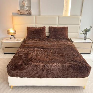 Imagem de chovy Jogo de cama King de café de pele sintética com flanela de veludo de pelúcia extramacia, felpudo (2 fronhas, 1 lençol de cima, 1 lençol com elástico)