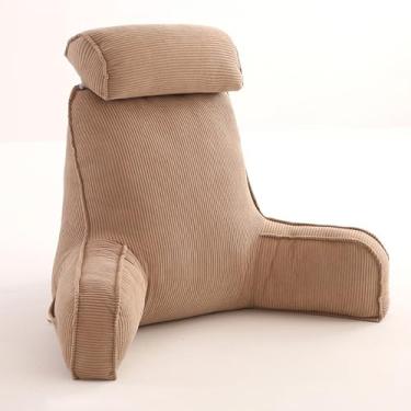 Imagem de CYTJHMD Almofada de leitura, almofada de encosto para cama, almofada de apoio para as costas da cama com encosto de cabeça e braços, capa lavável removível e rolo de pescoço removível, cáqui, 80 x 40