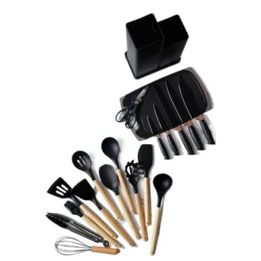 Imagem de Mini Kit Completo Jogo Utensílios de Cozinha 19 Peças Com Tábua em Silicone Espátula Faca Tesoura 890g(PRETO)