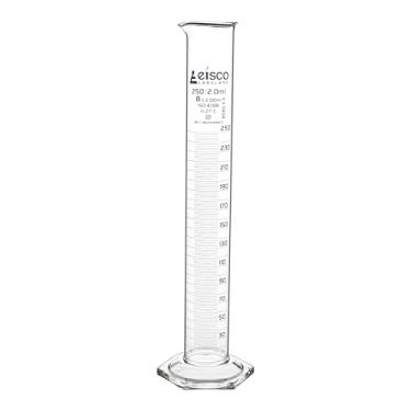 Imagem de Cilindro graduado de 250 ml, base hexagonal com bico - vidro borossilicato Eisco Labs Classe B, graduações de 2 ml
