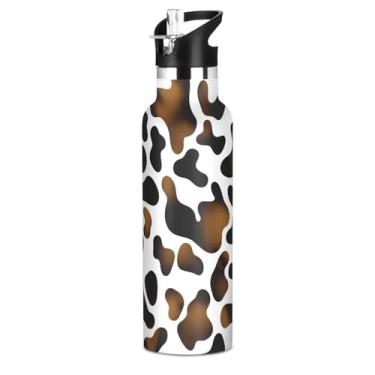 Imagem de Joisal Garrafa de água isolada para meninos de 590 ml com tampa de palha, manchas de couro bovino preto marrom branco garrafas de água esportivas de aço inoxidável com alça, frasco térmico sem BPA