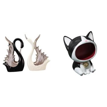 Imagem de Whtkoph Estatuetas de Cisne-gato, Escultura em Cerâmica, Arte Artesanal, Ornamento para Mesa, Prateleira, Aniversário, Lareira, de Entrada, Porta-chaves,