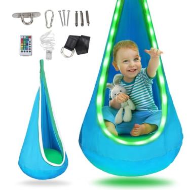 Imagem de Vyrelis Assento giratório infantil iluminado – cadeira de rede suspensa, balanço terapêutico interno/externo para brincadeiras sensoriais e relaxamento, fácil instalação, suporta até 68 kg (azul)