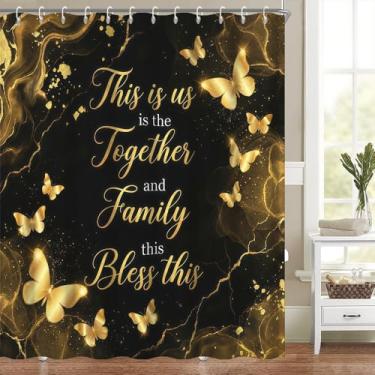 Imagem de Cortina de chuveiro de mármore preto dourado dourado com borboletas douradas para mulheres, textura de mármore luxuosa, cortinas de banheira estéticas, laváveis, tecido de poliéster à prova d'água com