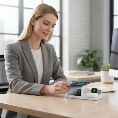 Imagem de Base de Carregamento para Mesa de Cabeceira - Carregador Múltiplo Rápido Sem Fios para Auscultadores | Carregador com Despertador - para Escritórios, RV, Acampamento, Viagem, Trabalho e