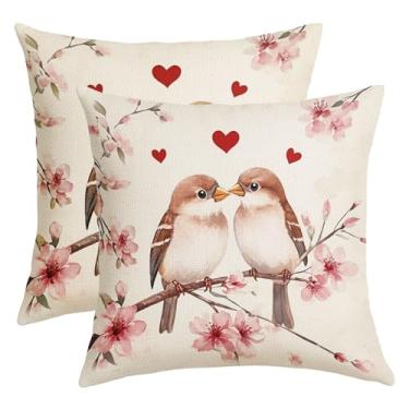 Imagem de Txymbiocia Capas de almofada de dia dos namorados Love Birds 45,7 x 45,7 cm coração rosa floral para sofá capas de almofada macias duráveis fronhas de aniversário de casamento para decoração de cama