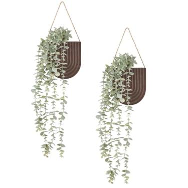 Imagem de Pacote com 2 vasos de parede de madeira com plantas artificiais de eucalipto, decoração moderna de casa de fazenda, boêmio, decoração de parede para plantas falsas, sala de estar, quarto, banheiro