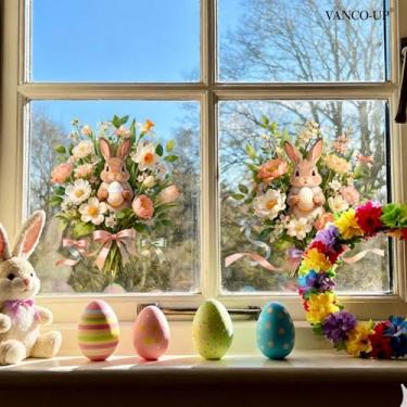 Imagem de 2 peças de adesivos fofos de janela de coelhinho da Páscoa, desenhos de ovos de coelho, capa completa, reutilizáveis, decalques de janela para vidro, decoração de festa escolar em casa