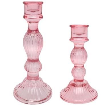 Imagem de Boston International Decorações de mesa de suporte de castiçal de vidro, conjunto de 2, rosa