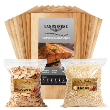 Imagem de Langxinese Pacote com 12, tábuas de cedro para grelhar salmão, 28 x 14,6 cm, melhor fumar + lascas de madeira de nozes + fibra de acionador de fogo, adicione o melhor sabor defumado ao salmão