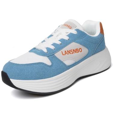 Imagem de LANSNBO Tênis feminino de corrida, caminhada, acolchoado, confortável, respirável, leve, antiderrapante, atlético, moderno, tênis para tênis, academia, treino, fitness, cross training casual, Azul