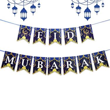 Imagem de Decorações de banner de papel Eid Mubarak - Decorações de festa Happy Eid Estamparia pendurada Banner Guirlanda Decorações de festa, pano de fundo de sinal do Ramadã para casa, parede interna e