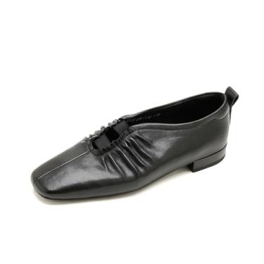 Imagem de TinaCus Mocassim feminino de couro legítimo/camurça bico quadrado feito à mão sem cadarço casual, Preto, 38