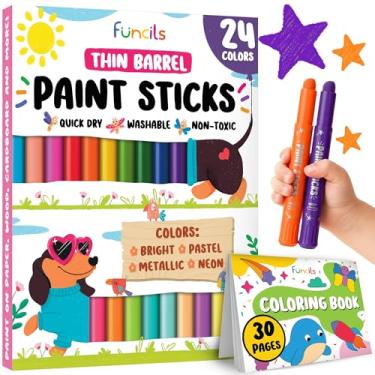 Imagem de Funcils 24 bastões de tinta finos para crianças laváveis (livro de colorir incl) | Marcadores não tóxicos para crianças de 1 a 3 anos | Funciona em papel, tela, madeira, papelão - giz de cera de