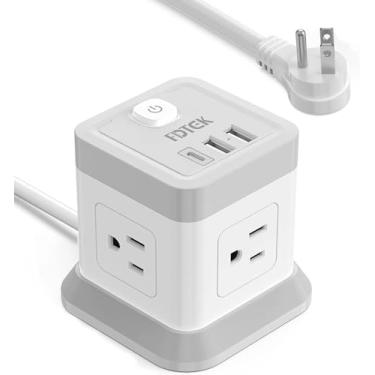 Imagem de Faixa de alimentação com USB, FDTEK Faixa de balde de alimentação para computador, cabo de extensão de 10 pés com 4 tomadas e 3 USB, torre de tiras de alimentação compactas, para viagens,
