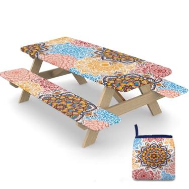 Imagem de Vorruil Capa de mesa de piquenique com bordas elásticas, 3 peças de capa de mesa mandala ajustada com bolsa com cordão, toalha de mesa à prova d'água, à prova de vento, estética para acampamento
