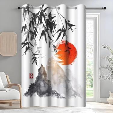 Imagem de DORCEV Cortinas japonesas pintura a tinta Monte Fuji sol vermelho pôr do sol folhas de bambu cortinas de janela para quarto sala de estar estilo japonês asiático cortina divisória de quarto cortina de