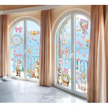 Imagem de 9 folhas grandes adesivos de janela de Páscoa para janelas de vidro dupla face feliz páscoa adesivos de janela decalques coelho ovos flores borboleta para decoração de festa de primavera (Feliz Páscoa