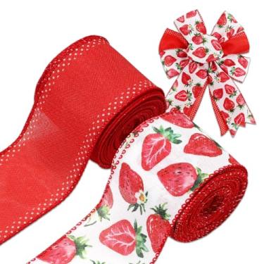 Imagem de JarThenaAMCS 2 rolos de fita de borda com fio de morango 6 cm fitas de tecido decorativo de frutas vermelhas em aquarela para arco de guirlanda, artesanato faça você mesmo, embrulho de presente de