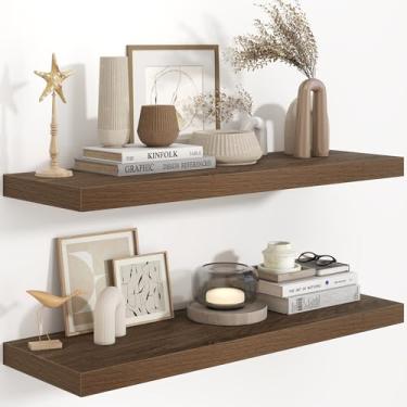 Imagem de Prateleiras flutuantes de parede de 96 cm L x 24 cm P para banheiro, 2 unidades de prateleiras flutuantes profundas para quarto, cozinha, sala de estar, prateleira de parede de madeira rústica com