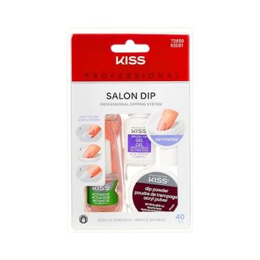Imagem de KISS Salon Dip Kit de manicure profissional com sistema de imersão em pó, gel escovado, pó de molho, ativador, 2 pincéis, bandeja de imersão, palito de cutícula, esponja, lixa de unha e 40 unhas