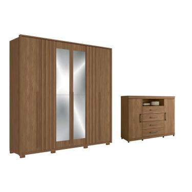 Imagem de Guarda Roupa Casal com Cômoda Qc401 6 Portas de Bater 4 Gavetas em MDP Amadeirado Jatobá