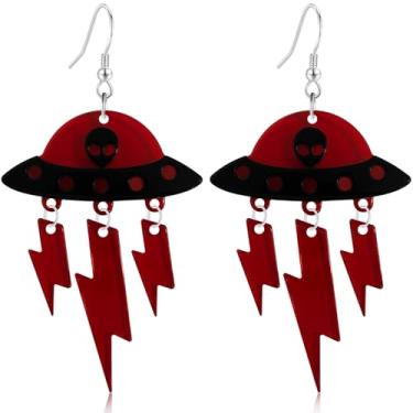 Imagem de Ricarmo Boêmio Criativo Acrílico Nave Espacial UFO Brincos Leves Criativos Halloween Relâmpago Alienígena Novidade Brincos Pingentes Para Mulheres Joias Presentes, Acrílico, Sem pedra preciosa