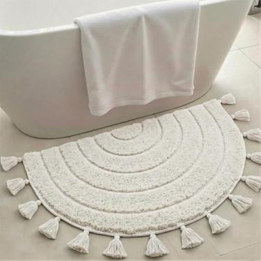 Imagem de Cevolyn Tapetes de banheiro Boho antiderrapantes absorventes feitos à mão, meio círculo, tapete de banho fofo com inserção de crochê e borlas, decoração de banheiro boho, tapetes de banho laváveis