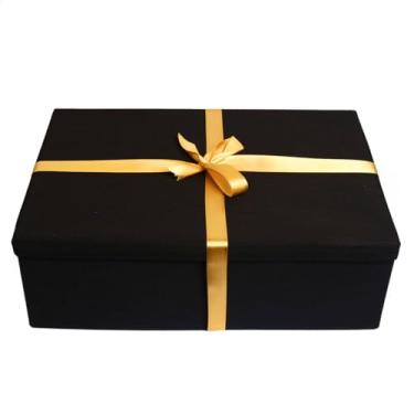 Imagem de Caixa Emabalagem Para Presente Premium Grande Forrada E Firme Com Tampa 42x28x15cm Com Fita Decorativa Elegante (Preta, Grande, Fita Dourada)