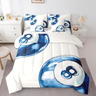 Imagem de Erosebridal Conjunto de edredom moderno de 8 bolas tamanho Queen, cama em uma bolsa, conjunto de cama em aquarela, hippie descolado, hippie sortudo, edredom e lençol de cama branco e azul, decoração