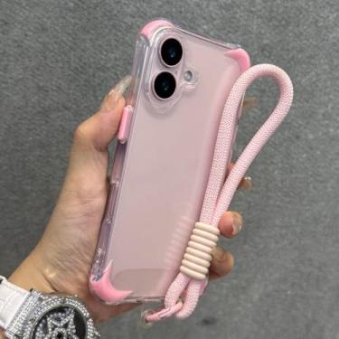 Imagem de Pulseira anti-perda com cordão, capa transparente à prova de choque para iPhone 12, 13, 14, 15, 16 Pro Max Plus, capa protetora de silicone macio, rosa, para iPhone 13 Pro