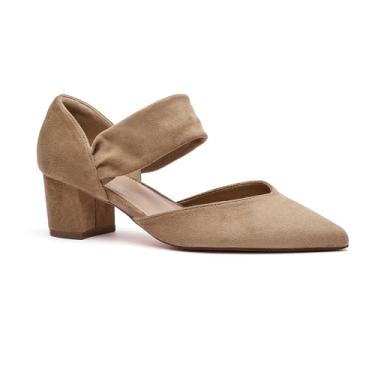 Imagem de Salto bloco feminino confortável com tira fechada bico fino salto baixo grosso sapato vestido festa casamento trabalho baile, Bege, 7.5 Wide