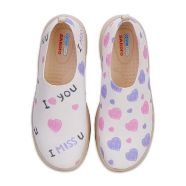 Imagem de SAILOFO Tênis feminino sem cadarço, confortável, casual, com pintura artística, leve, rasteira, respirável, para caminhada, Coração de amor, 39